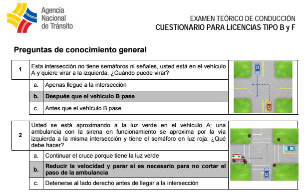 cuestionario de preguntas para sacar licencia de conducir tipo a, b, c, d, e, f, g