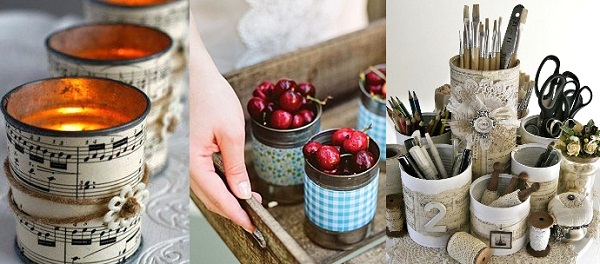 Latas recicladas para organizar los utensilios de cocina