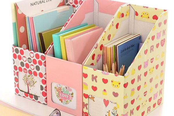 organizador de libros con cajas de cartón